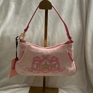 Juicy Couture Pink Velour Shoulder Bag with Embroidered Crest.